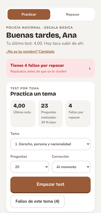 Pantalla de inicio del alumno: su última nota, preguntas realizadas, fallos por repasar y botón para empezar un test